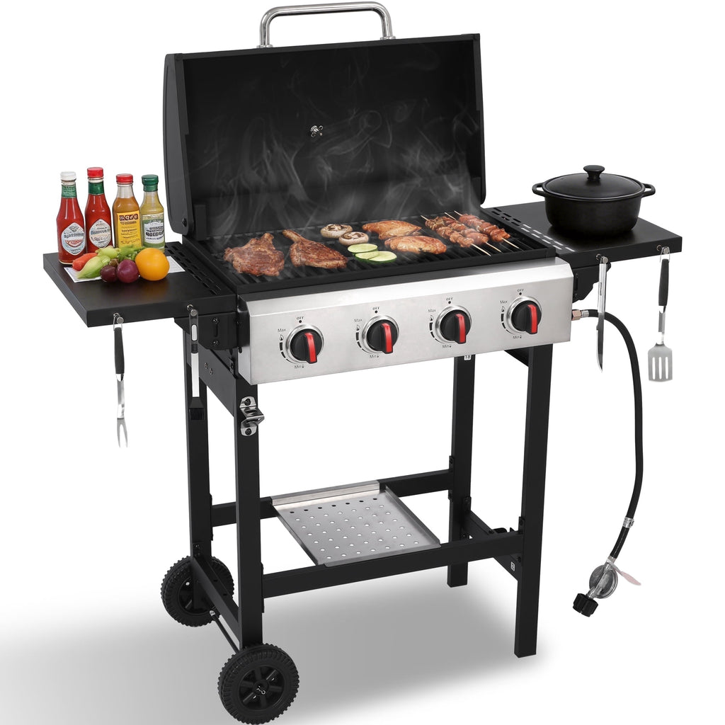 CIG GARDEN 4-Burner Propane Gas Grill with Folding Side Tables, Cast Iron Grates, and Stainless Steel Grill Pan CIG GARDEN