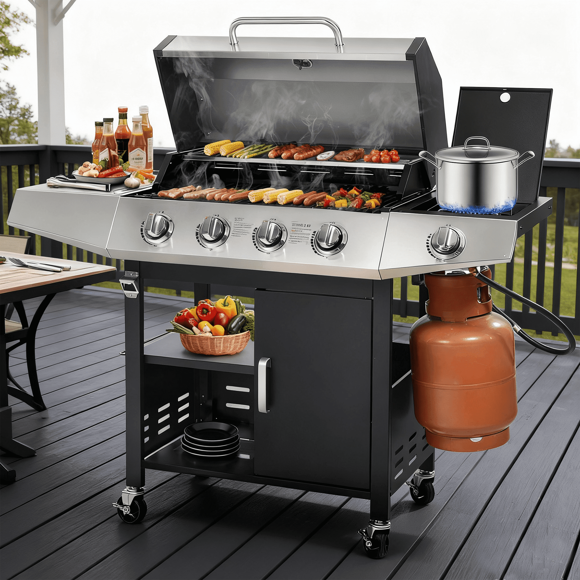 4-Burner BBQ Grill W/Side Burner, 50,000BTU Gas Propane Grill Portable with Storage Cabinet, Heavy-Duty Stainless Steel Outdoor Cooking, with Tank Hook, Towel Rack, Steel Brush Gas Grills