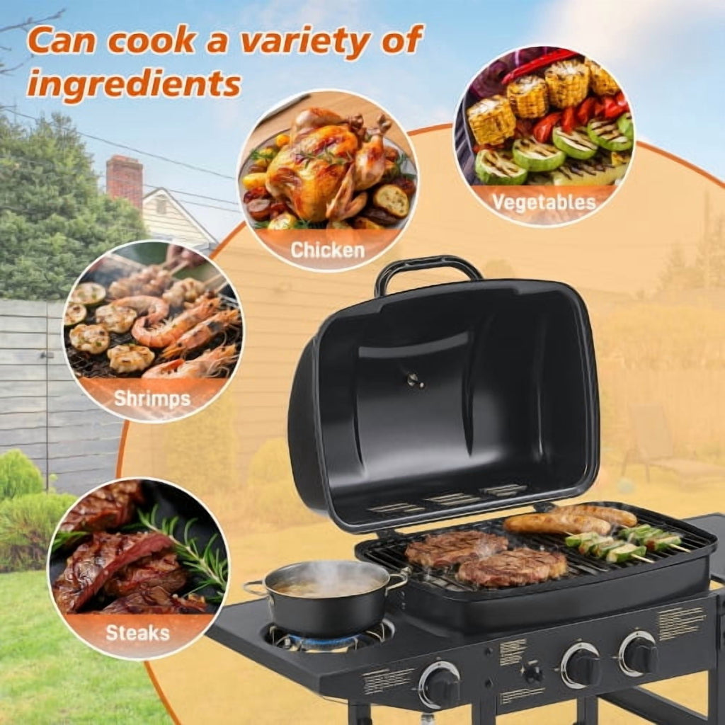 2 Burner Propane Gas Grill with Side Burner, 24000 BTU Outdoor BBQ Grill, Stainless Steel Enameled Grates, Side Tables, Wheels, 237 Sq. In. Cooking Area for Patio & Backyard Uhdpli