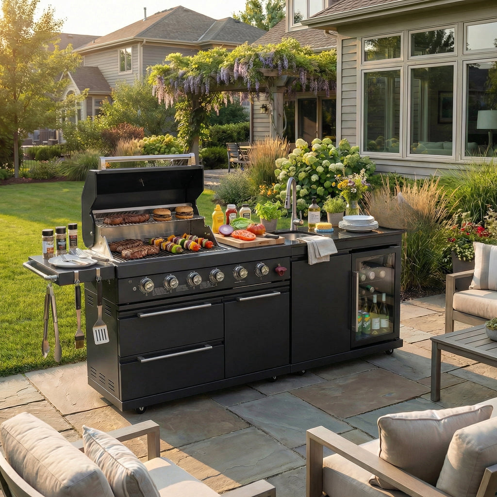 84 Deluxe Outdoor Kitchen Island with 6-Burner Gas Grill (75300 BTU), Premium SS304 Stainless Steel BBQ Station, Black Galaxy Granite Countertop, Dual-Zone Refrigerator, Sink, Rotisserie Kit & Cover HomeMindful