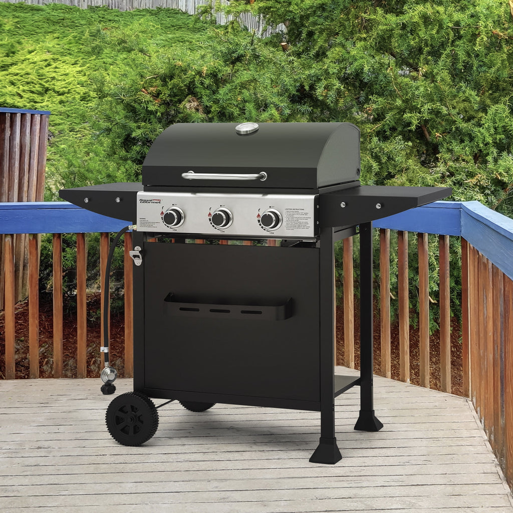 Royal Gourmet 3-Burner BBQ Gas Grill with Front Spice Rack, Two Side Shelves and Hooks, 30,000 BTU, GH3001H Royal Gourmet