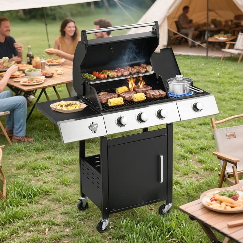 43.3x43.3 Large Cooking Area 3-Burner Grill - Side Burner, Cast Iron Grates, 36, 000 BTU Output, Lockable Wheels, Black Camping Grill for Outdoor Barbeque U-HOMY
