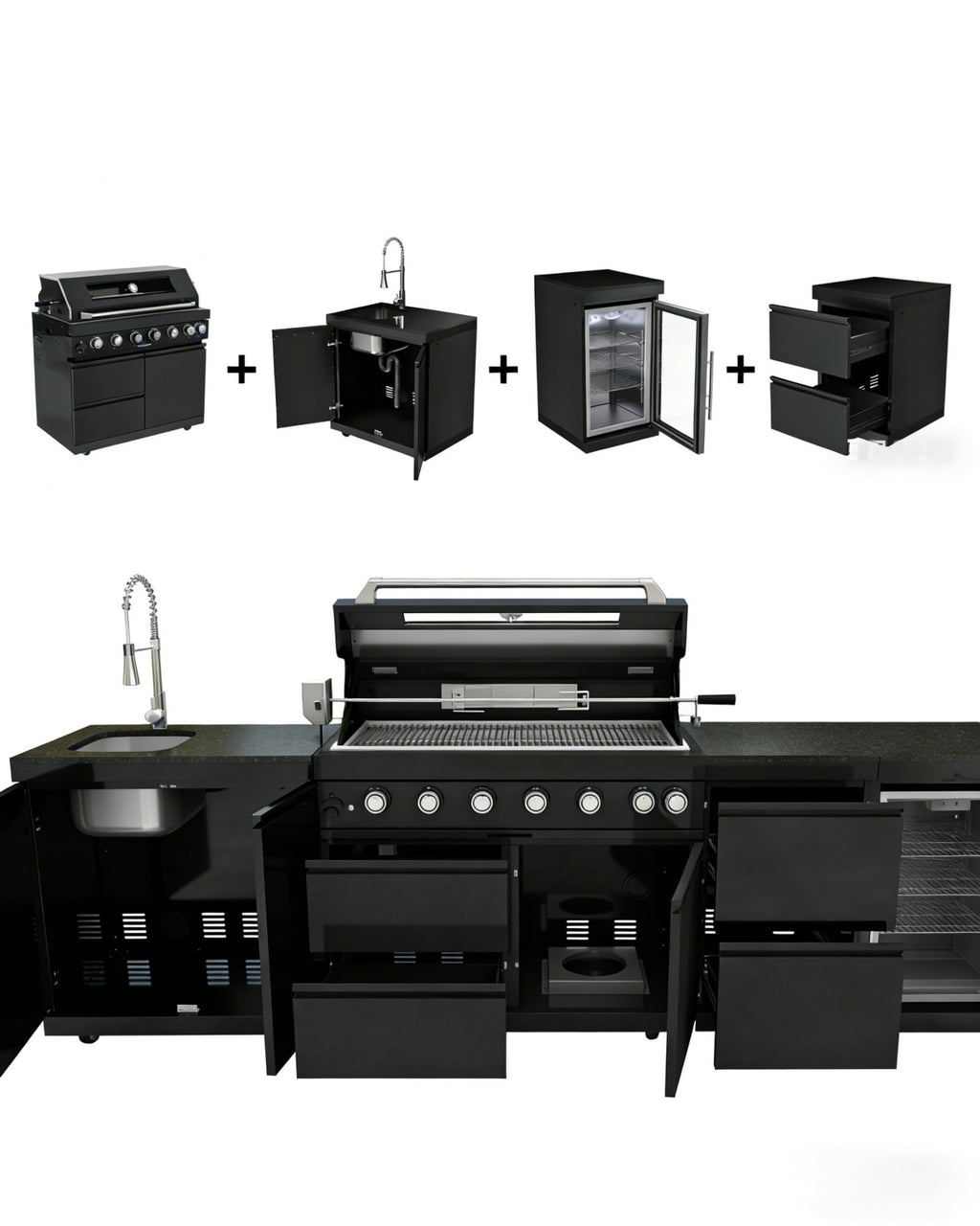 43-Inch 6-Burner 85000 BTU Deluxe Stainless Steel Gas Outdoor Kitchen Bar Barbecue Island Grill + Wine Cooler Compact Refrigerator + Rotisserie kit + Granite Countertops + Stainless steel Sink My Store