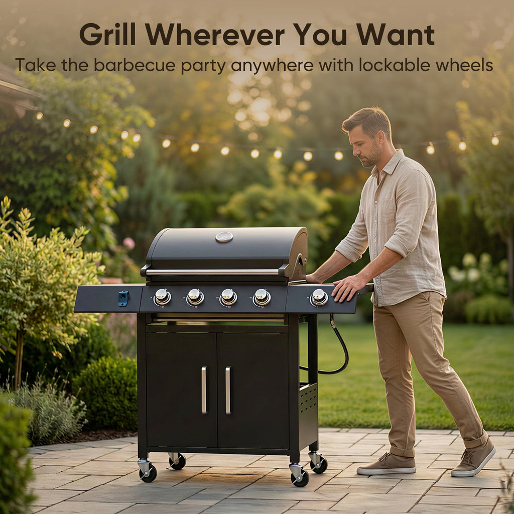 TABU 4-Burner Propane Gas Grill with Side Burner, 58,000 BTU Propane BBQ Grill with Storage Cabinet, Ideal for Outdoor Cooking TABU
