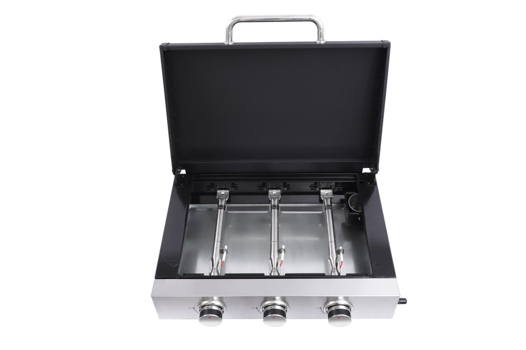 3 Burner Gas Grill - 28,650 BTU High-Powered, Stainless Steel with High-Temperature Enamel Coating, Multi-Function Teppanyaki & Grill, Cast Iron Grates, Pull-Out Oil Pan with Cups, Safe Ignition GORTES