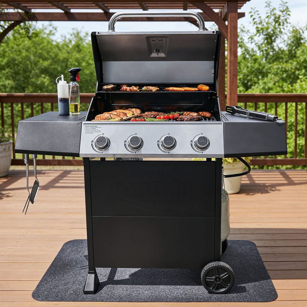 Expert Grill, 4-Burner Propane Gas Grill with Side Table and Wheels, Stainless Steel Gas Grills