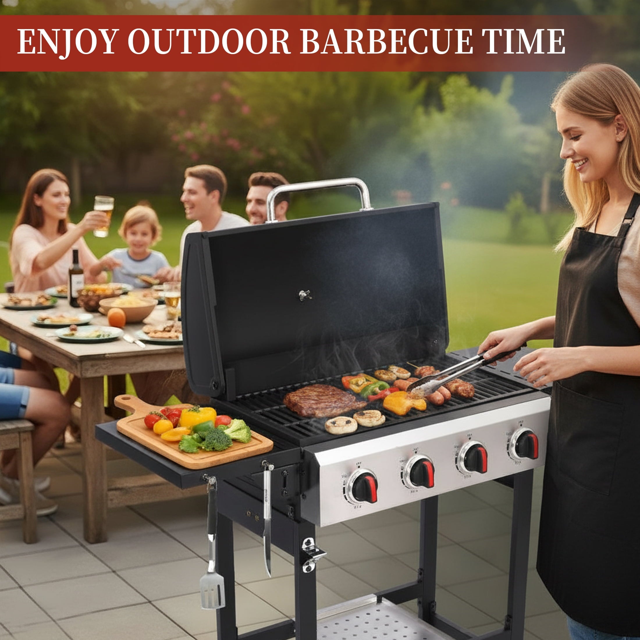 CIG GARDEN 4-Burner Propane Gas Grill with Folding Side Tables, Cast Iron Grates, and Stainless Steel Grill Pan CIG GARDEN