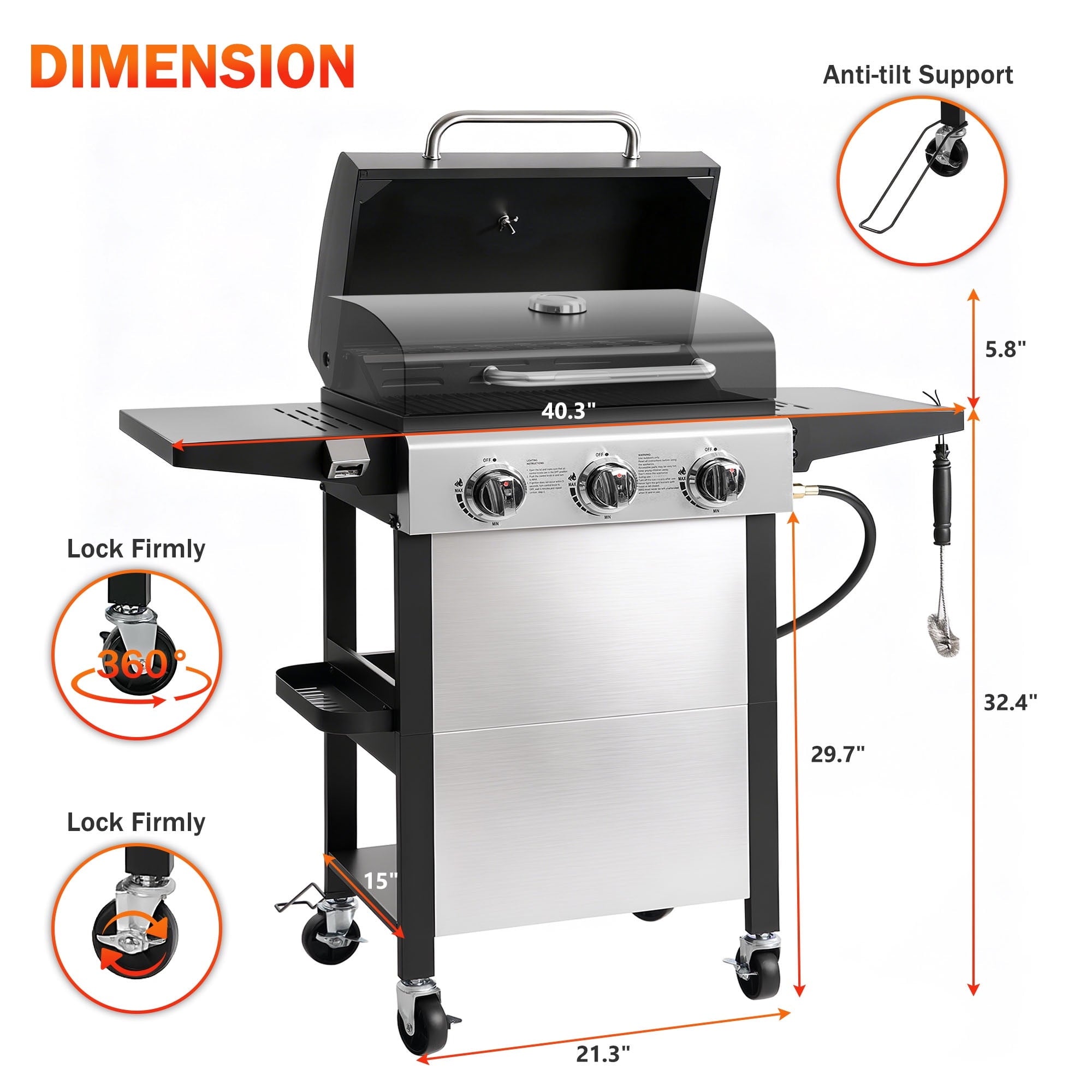 BBQ Grill, Seizeen 30,000 BTU 3-Burner Gas Grill Portable, Backyard Camping Propane Grill with  Daul Zone, Foldable Table, Hanging Basket, Steel Brush, Universal Wheels Gas Grills