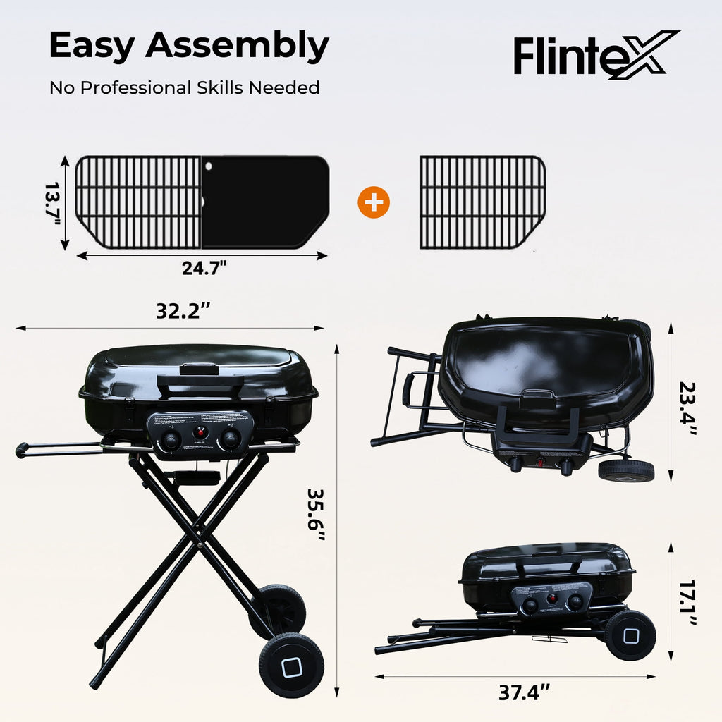 2 Burner Propane Gas Grill with Dual Cooking Surfaces, Porcelain Grate & Extra Griddle, Push-Button Ignition, Foldable Portable BBQ with Wheels for Backyard Patio Camping Gas Grills