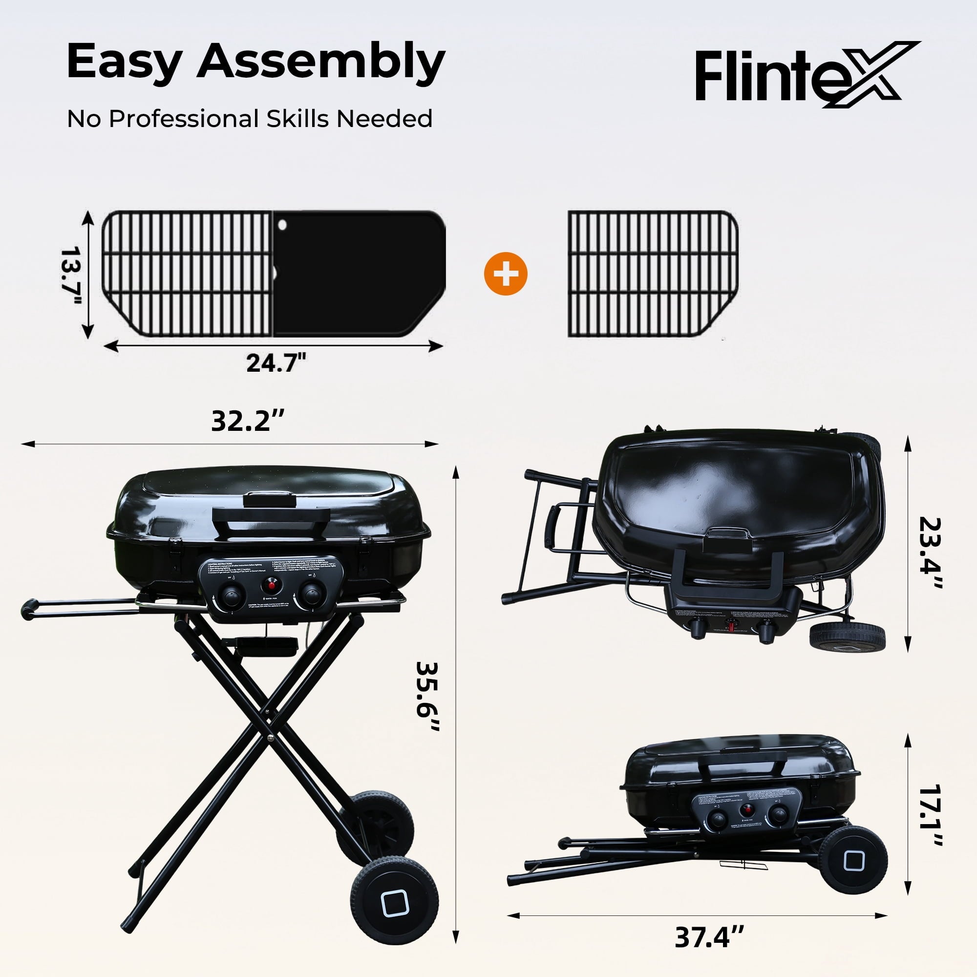 2 Burner Propane Gas Grill with Dual Cooking Surfaces, Porcelain Grate & Extra Griddle, Push-Button Ignition, Foldable Portable BBQ with Wheels for Backyard Patio Camping Gas Grills