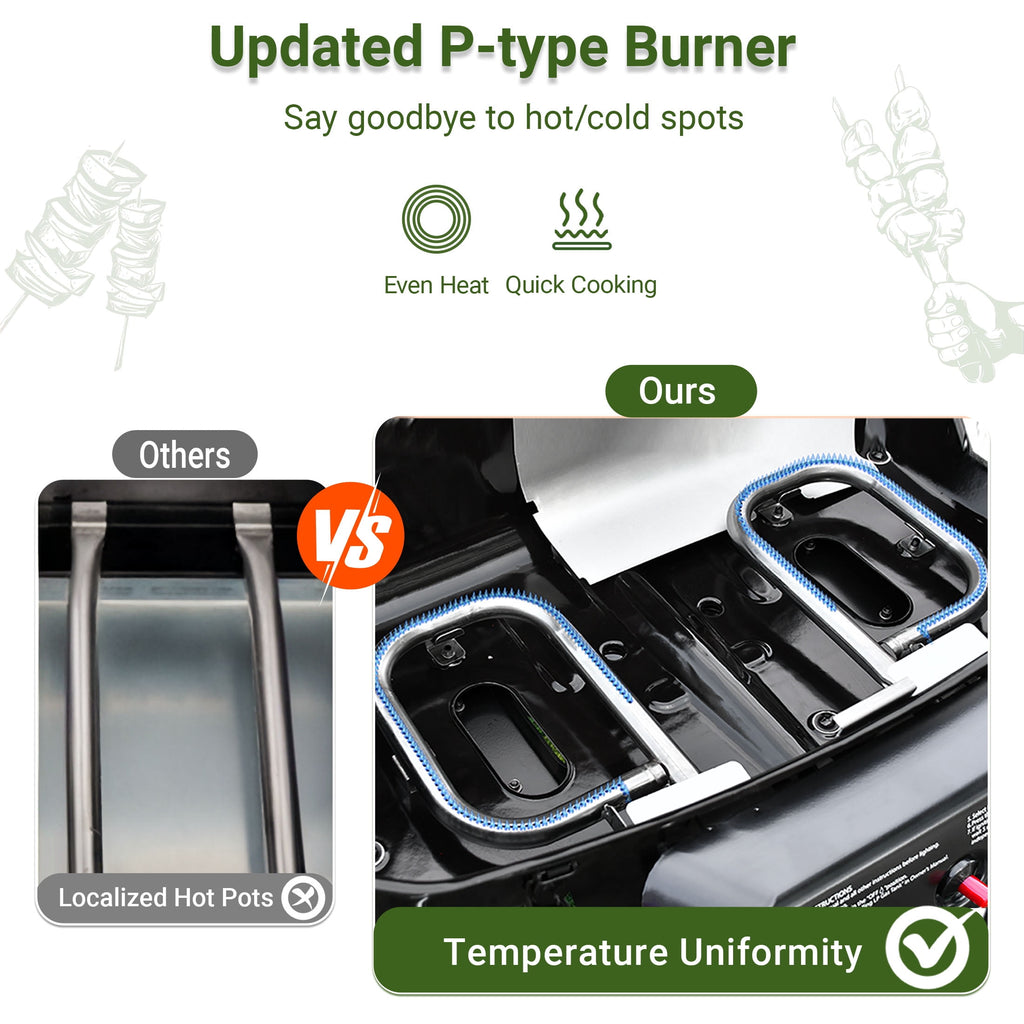 Brand Man Portable 2-Burner Camping Propane Gas Grill, Enameled Foldable BBQ with Griddle for Outdoor Cooking, Green Gas Grills