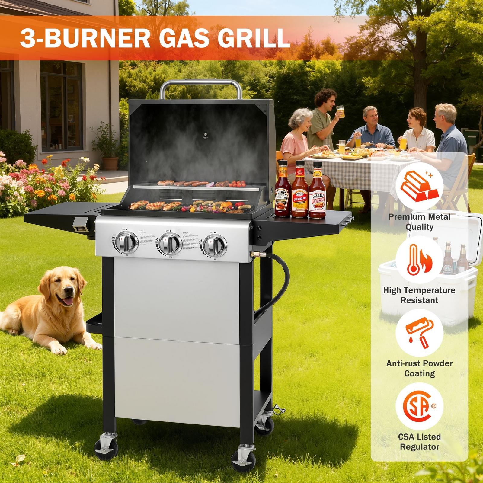 BBQ Grill, Seizeen 30,000 BTU 3-Burner Gas Grill Portable, Backyard Camping Propane Grill with  Daul Zone, Foldable Table, Hanging Basket, Steel Brush, Universal Wheels Gas Grills