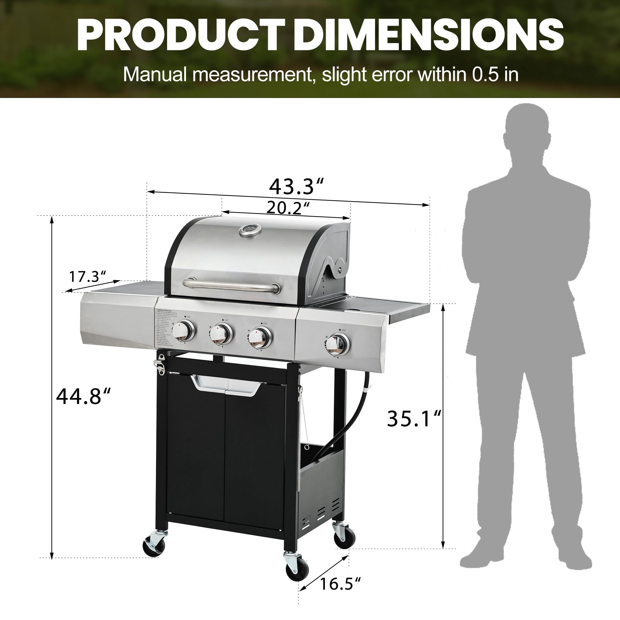 Sesslife 3 Burner Propane Gas Grill, Stainless Steel BBQ Grill with Side Burner, 40500 BTU Portable Outdoor Cooking for Camping, Patio, Backyard, Black Gas Grills