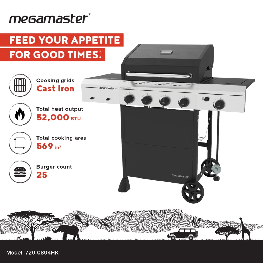 Megamaster 4-Burner Gas Grill with Side Burner & Grill Cover, 52,000 BTUs, 568 SQ. In. Cooking Area, Propane BBQ Grill with Stainless Steel Panel for Outdoor Cooking, Patios, and More - 720-0804HK Gas Grills