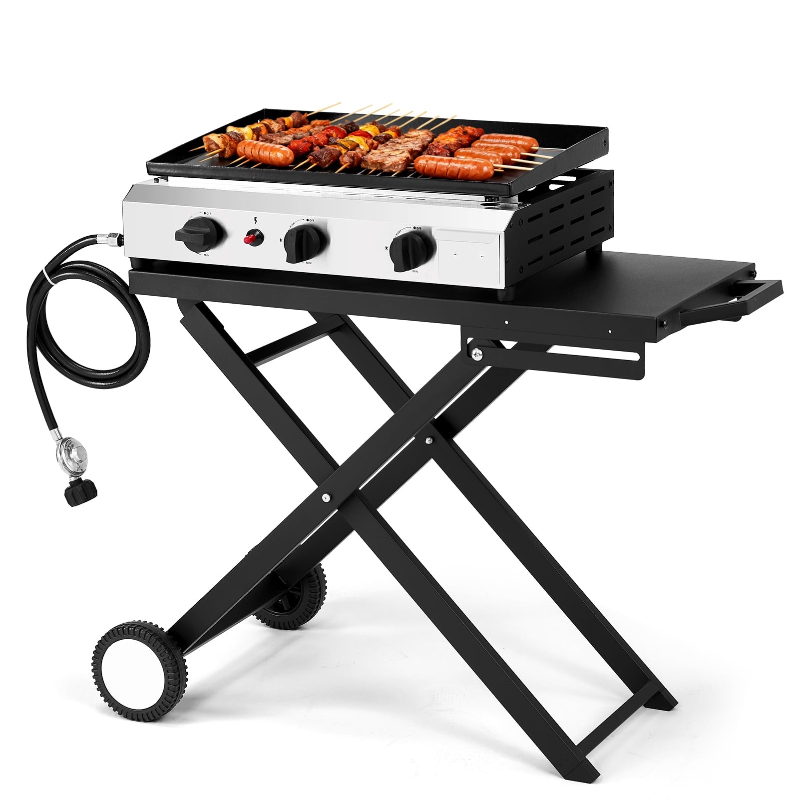 Ktaxon 3 Burner Propane Griddle Flat Top Gas Grill 30000 BTU Portable Grill with Ceramic Coated Cast Iron Pan,Side Shelves,Wheels Ktaxon