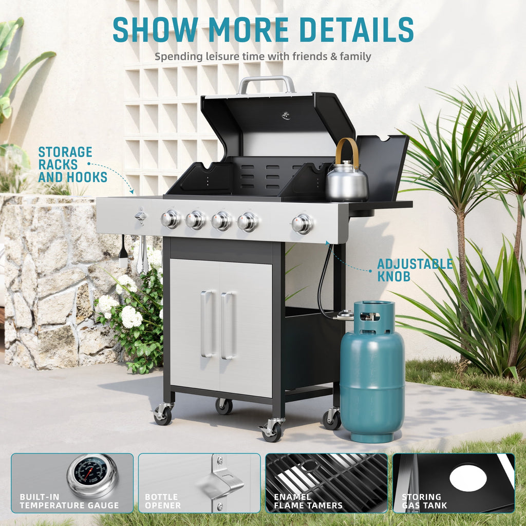 Biotree 4 Burner Gas Grill with Side Burner, 50800 BTU Barbecue Grill Propane Stainless Steel BBQ Grill with Porcelain-Enameled Cast Iron Grates for Outdoor Cooking Gas Grills