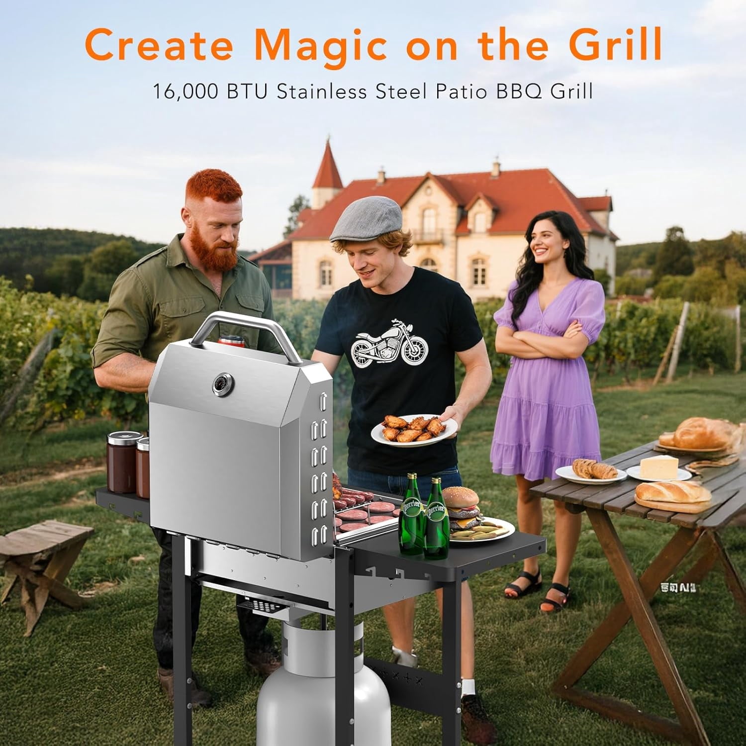 16000 BTU 2-Burner Propane Grill, Stainless Steel BBQ Grill with Cast Iron Frying Pan and Grates Combo, for Patio Backyard Outdoor Cooking WAA