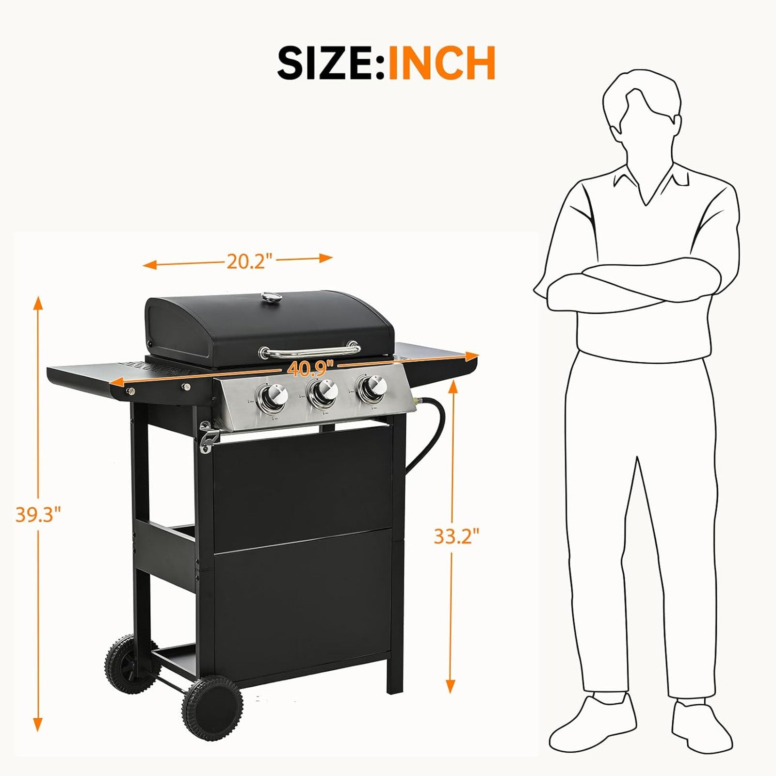 3-Burner Propane Gas Grill, 25650 BTU, Stainless Steel Outdoor BBQ Gill with Wire Enamel Grids, Thermometer for Cookingand Foldable Side Tables Gas Grills