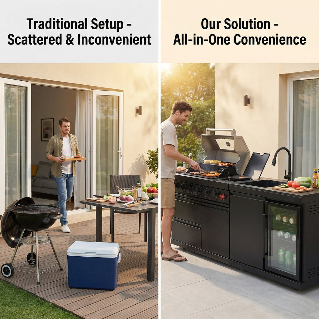 84 Deluxe Outdoor Kitchen Island with 6-Burner Gas Grill (75300 BTU), Premium SS304 Stainless Steel BBQ Station, Black Galaxy Granite Countertop, Dual-Zone Refrigerator, Sink, Rotisserie Kit & Cover HomeMindful