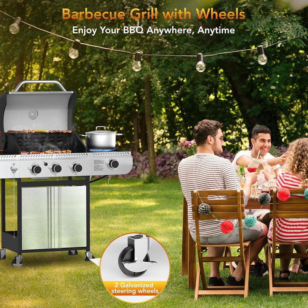 37000 BTU 3-Burner Propane Grill, Stainless Steel BBQ Grill with Side Burner & Porcelain-Enameled Cast Iron Grates for Outdoor Patio Camping WAA