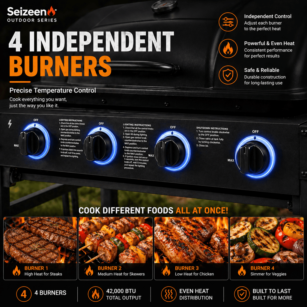 4 Burner Propane Gas Grill with Side Burner, 42000 BTU Stainless Steel BBQ Grill with Cast Iron Grates, 534 Sq In Cooking Area, Outdoor Barbecue Grill with Side Tables for Patio Backyard Cooking Gas Grills