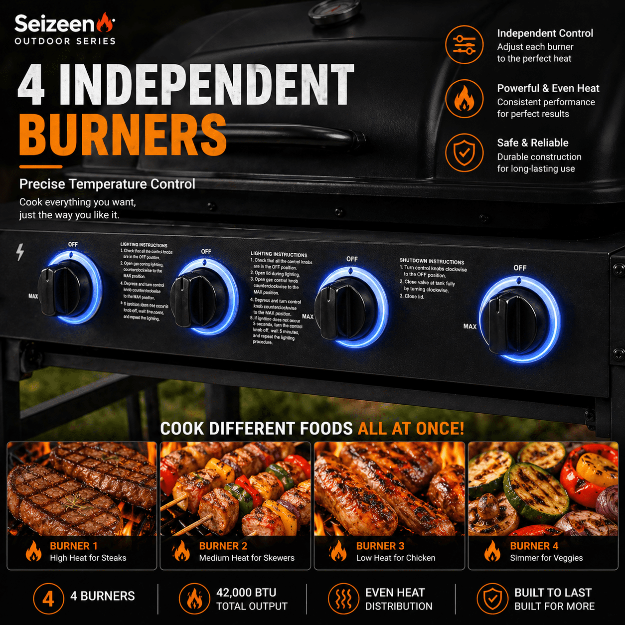 4 Burner Propane Gas Grill with Side Burner, 42000 BTU Stainless Steel BBQ Grill with Cast Iron Grates, 534 Sq In Cooking Area, Outdoor Barbecue Grill with Side Tables for Patio Backyard Cooking Gas Grills