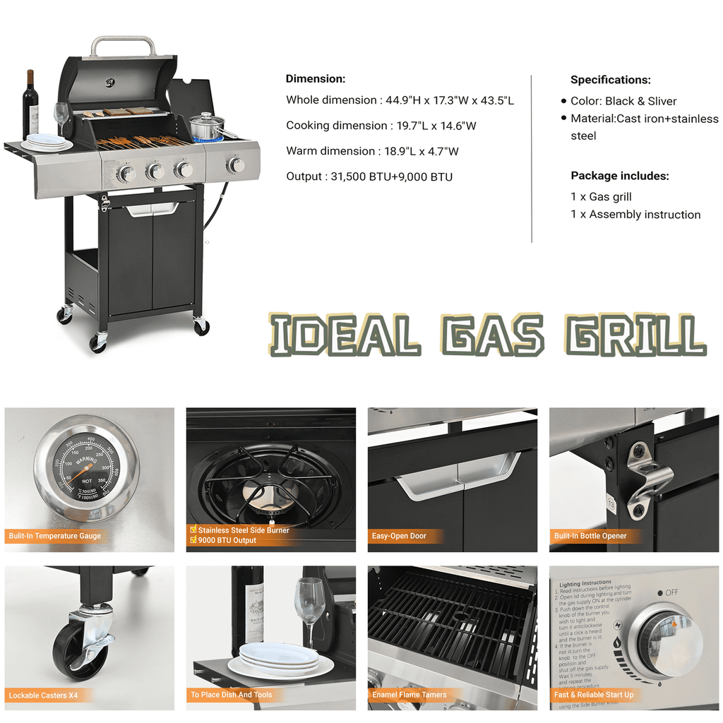 Syngar 3-Burner Propane Gas Grill with Side Burner, 40,500 BTU Outdoor BBQ Grill with 287 sq.in. Main Cooking Area, Stainless Steel Construction, Side Shelf, Ideal for Patio, Backyard, Garden Gas Grills