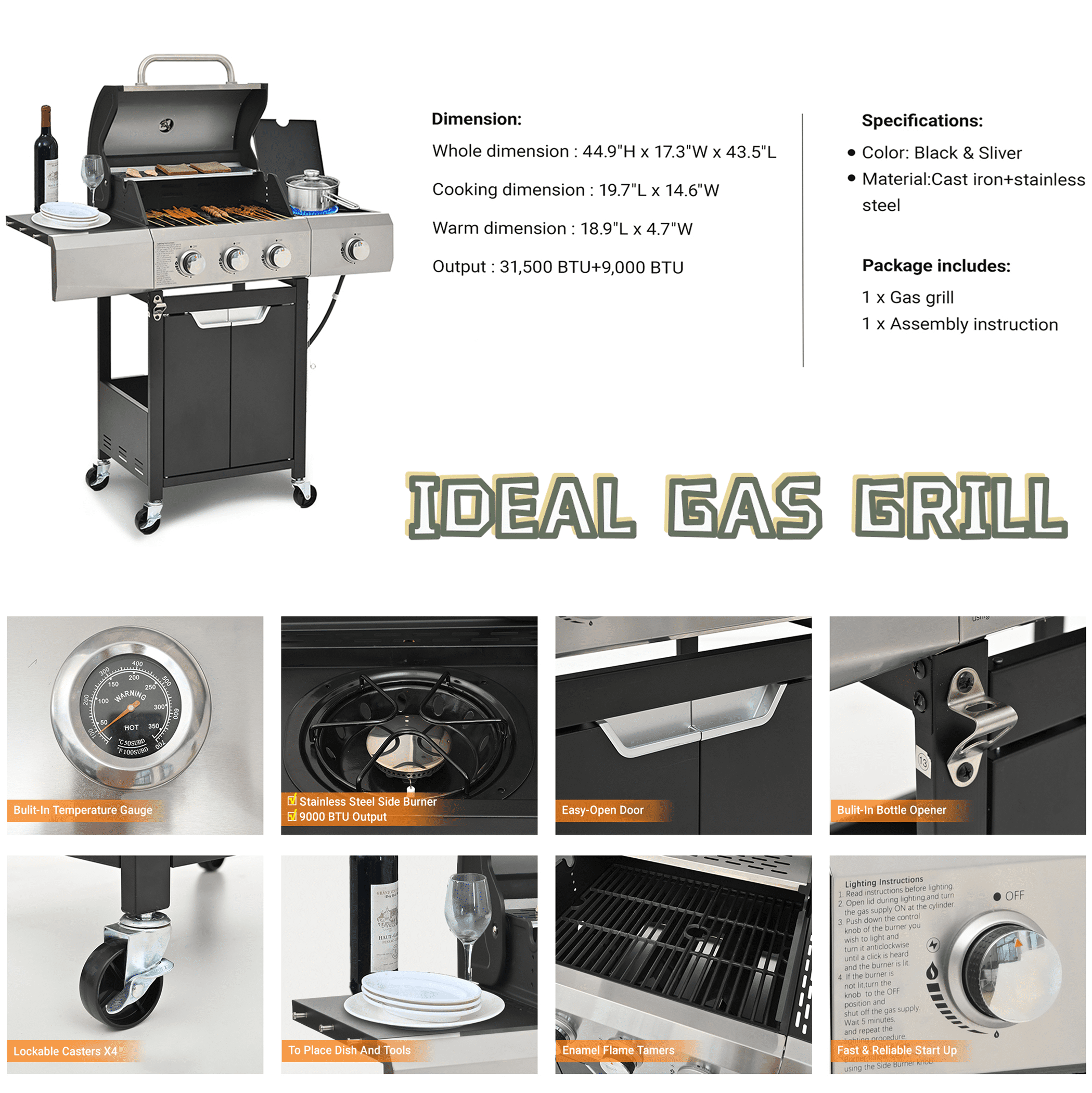 Syngar 3-Burner Propane Gas Grill with Side Burner, 40,500 BTU Outdoor BBQ Grill with 287 sq.in. Main Cooking Area, Stainless Steel Construction, Side Shelf, Ideal for Patio, Backyard, Garden Gas Grills