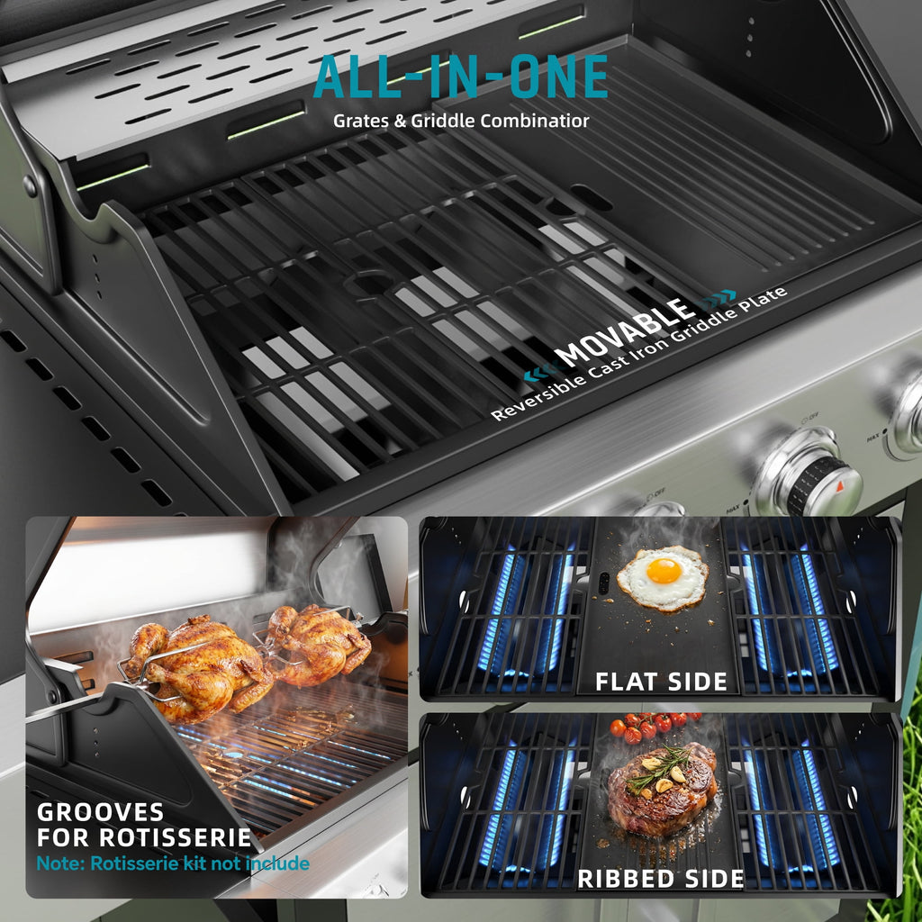 Biotree 3 Burner Gas Grill with Side Burner,40800 BTU Barbecue Grill Propane Stainless Steel BBQ Grill with Porcelain-Enameled Cast Iron Grates for Outdoor Cooking Gas Grills