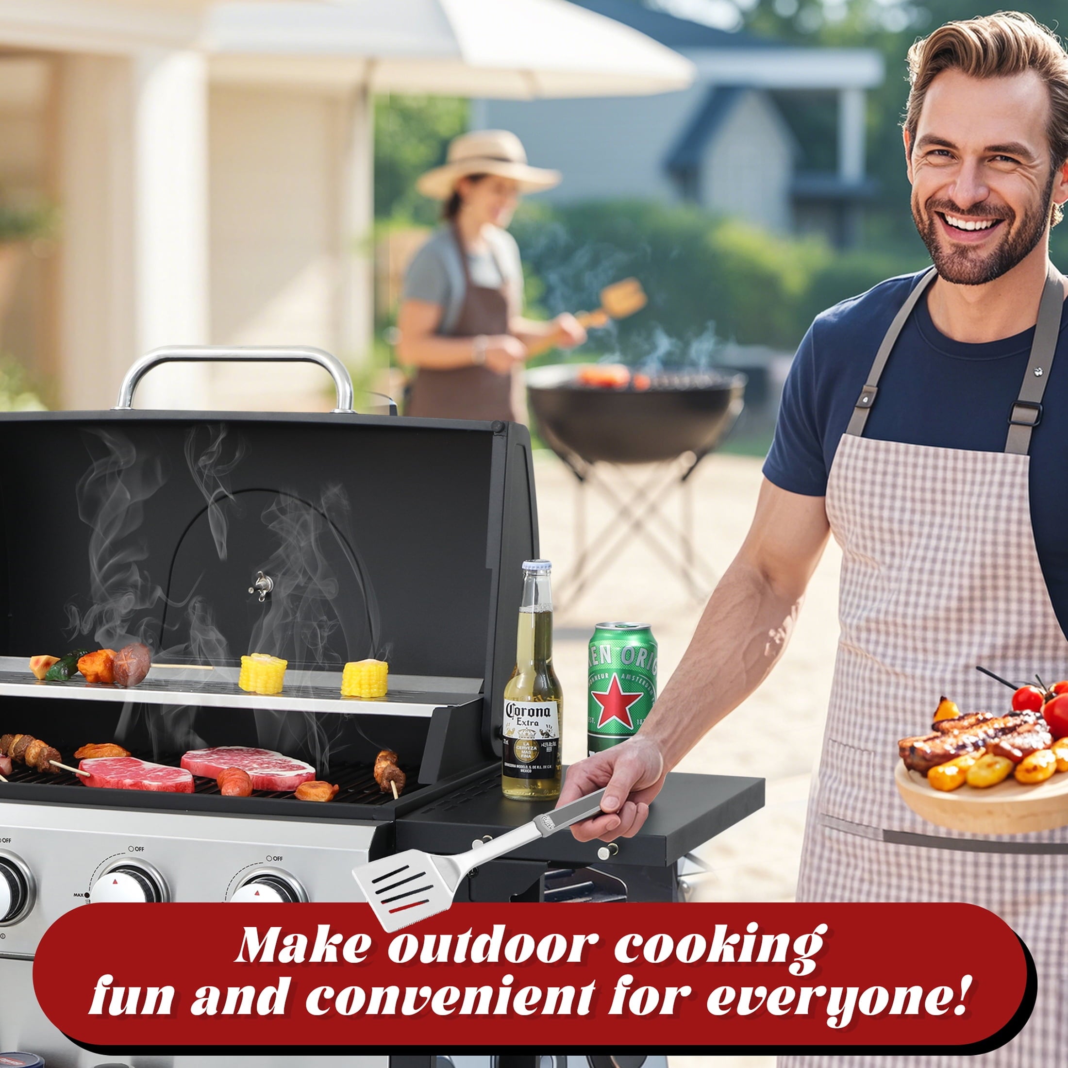 Nice Cooker 4-Burner Propane Gas Grill with 2 Foldable Side Tables, 34200 BTU Outdoor BBQ Grill with Porcelain-Enameled Grates, Built-in Thermometer, Easy Assembly for Patio, Backyard BBQ Gas Grills