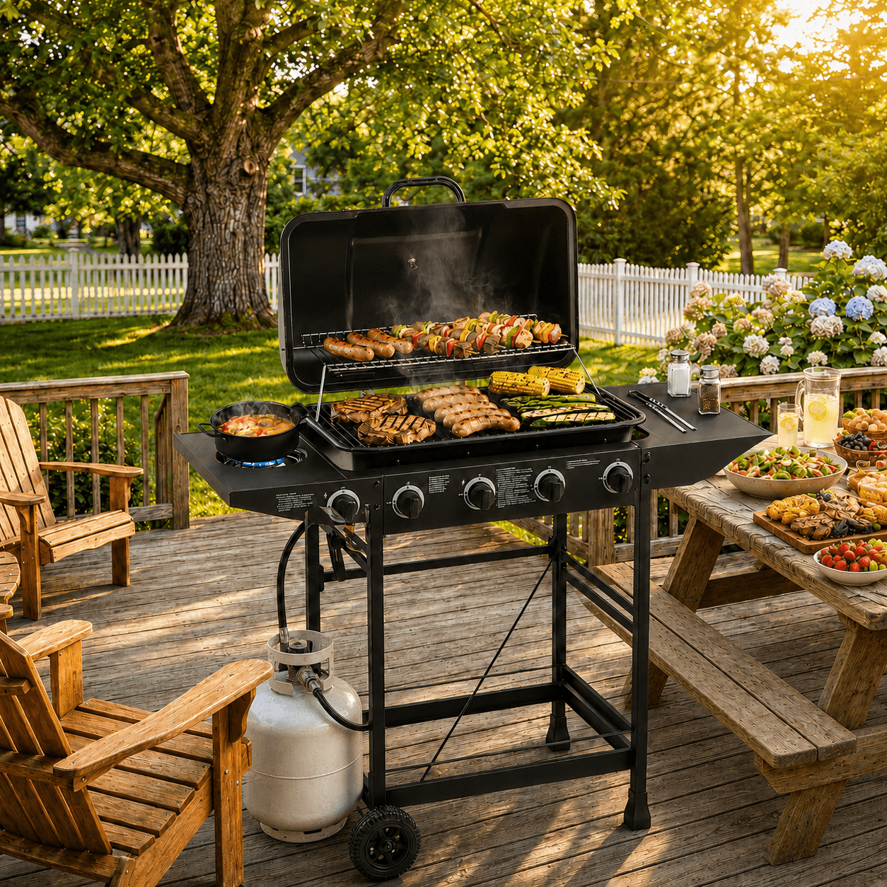 4 Burner Propane Gas Grill with Side Burner, 42000 BTU Stainless Steel BBQ Grill with Cast Iron Grates, 534 Sq In Cooking Area, Outdoor Barbecue Grill with Side Tables for Patio Backyard Cooking Gas Grills