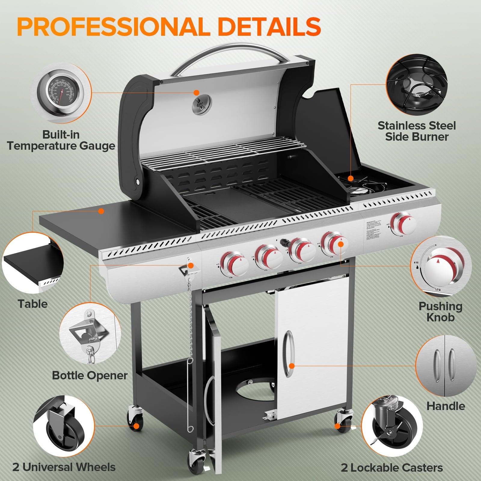 LHRIVER Stainless Steel 4 Burner Propane Gas Grill with Side Burner, Portable Outdoor Barbecue Grill, 42,000 BTU My Store