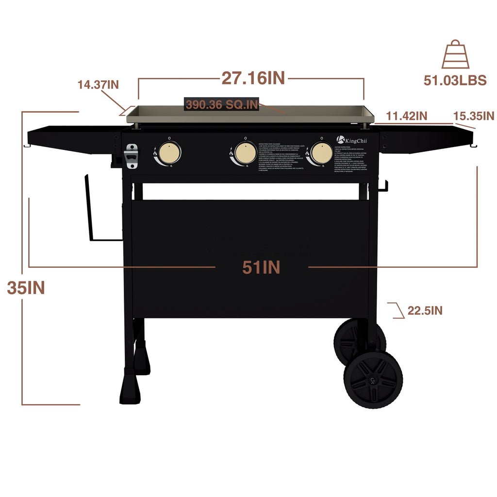 KingChii 3-Burner 27 Propane Griddles Outdoor Flat Top Gas Grill Griddle for Camping, Tailgating, BBQ, Parties, Backyard & Patio Gas Grills