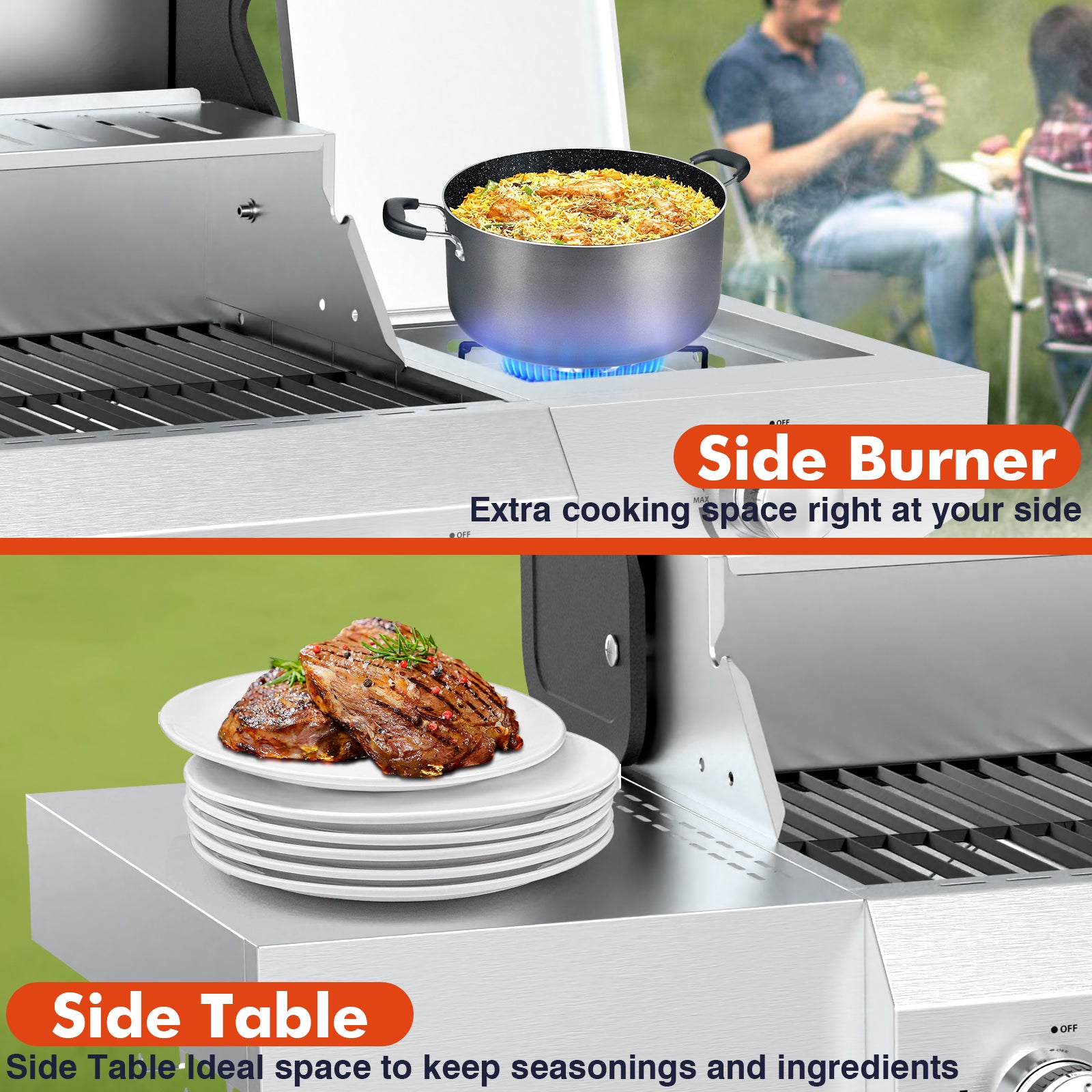 Frizi 4-Burner Gas Grill with Side Burner, 60,000 BTU Stainless Steel Propane Grill, Outdoor BBQ Flat Top Grill with Wheels and Side Shelves for Patio or Camping Gas Grills