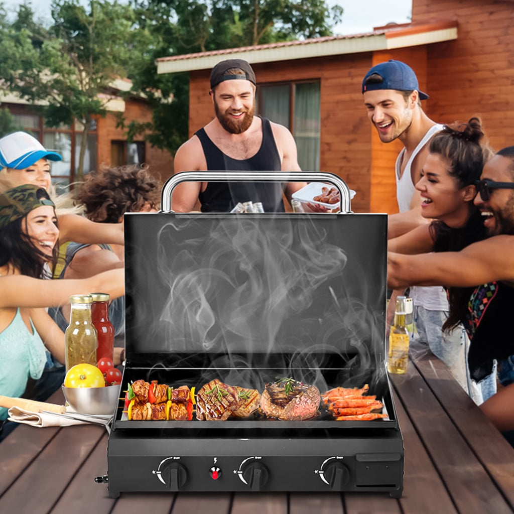 Portable 3-Burner Gas Griddle, 23'' Outdoor Propane Cooking Station, 30,000BTU Flat Top Griddle, Patio Camping BBQ Tabletop Grill with Ceramic Coated Cast Iron Pan Gas Grills