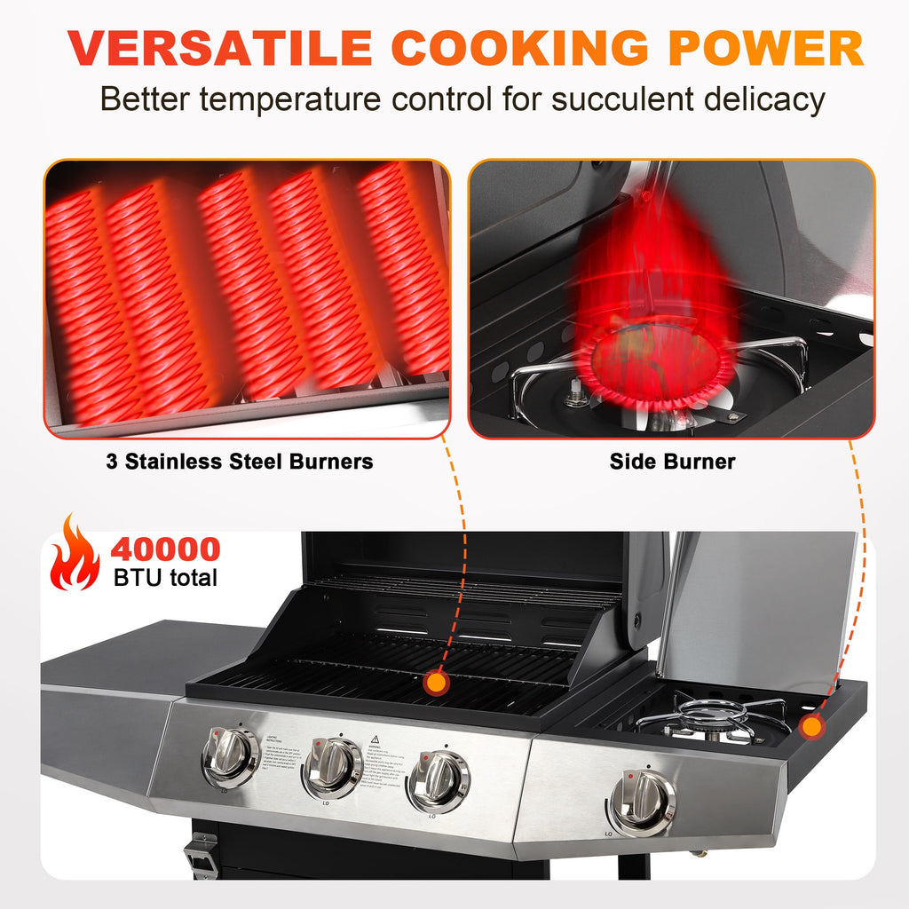 3-Burner Propane Gas Grill with Side Burner, Gas BBQ Grill with Thermometer, Bottle Opener, and Tool Hooks, 40000 BTU Output, Fit for Patio Camping Outdoor Cooking Segmart
