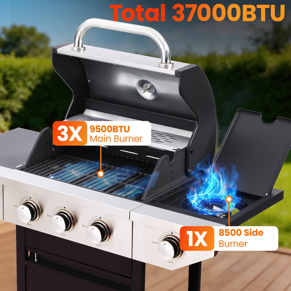 Enyopro 3 Burner Gas Grill , 37000 BTU Stainless Steel Propane Gas Grill with Side Burner, Outdoor BBQ Grill with Side Table and Thermometer, for Outdoor Camping BBQ Gas Grills