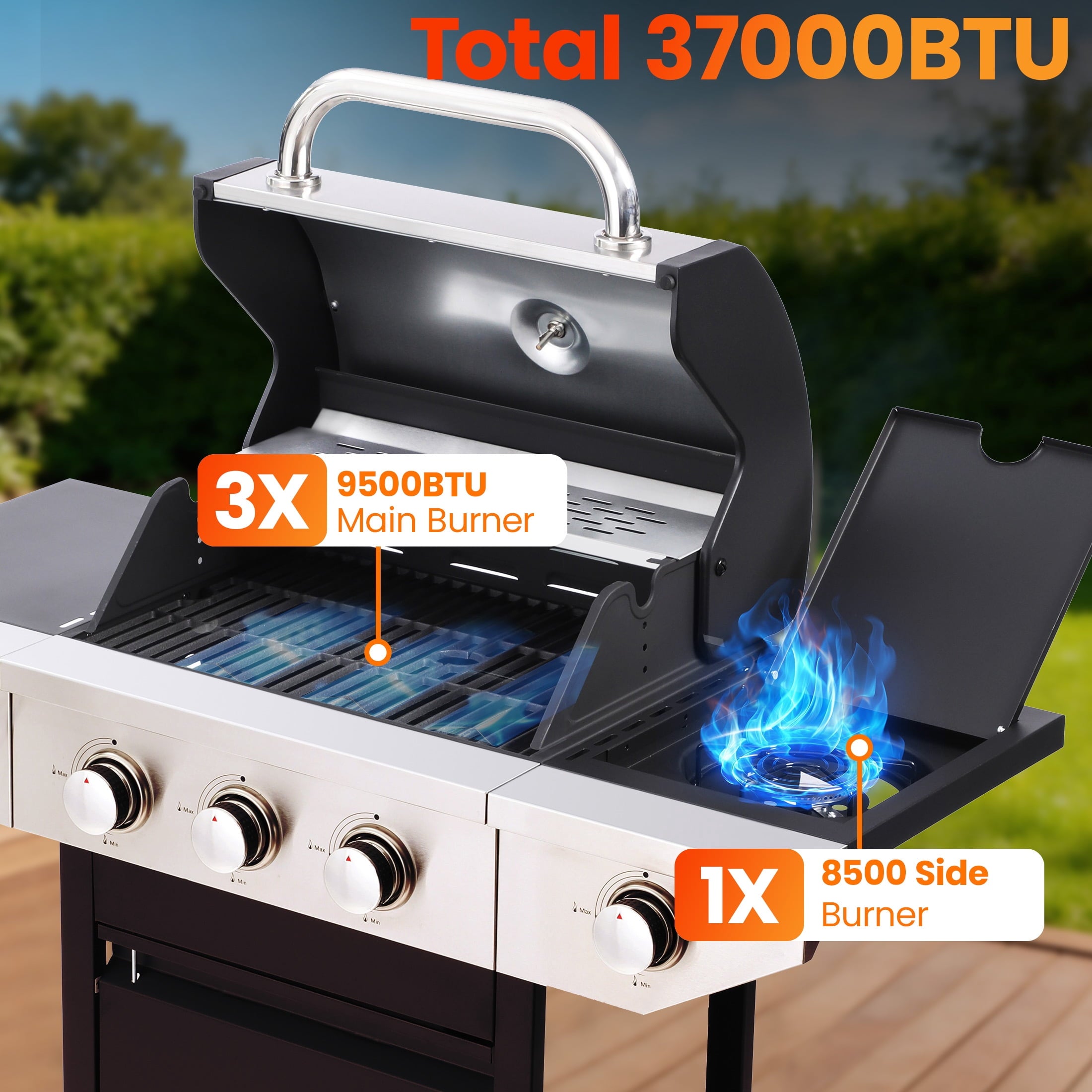 Enyopro 3 Burner Gas Grill , 37000 BTU Stainless Steel Propane Gas Grill with Side Burner, Outdoor BBQ Grill with Side Table and Thermometer, for Outdoor Camping BBQ Gas Grills