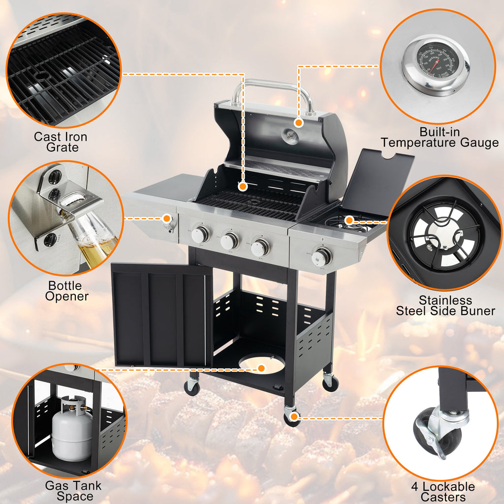 Enyopro 3 Burner Propane Gas Grill, 37,000BTU Stainless Steel BBQ Grill with Brush, Built-in Thermometer, 4 Universal Wheels for Outdoor Cooking Patio Backyard Gas Grills