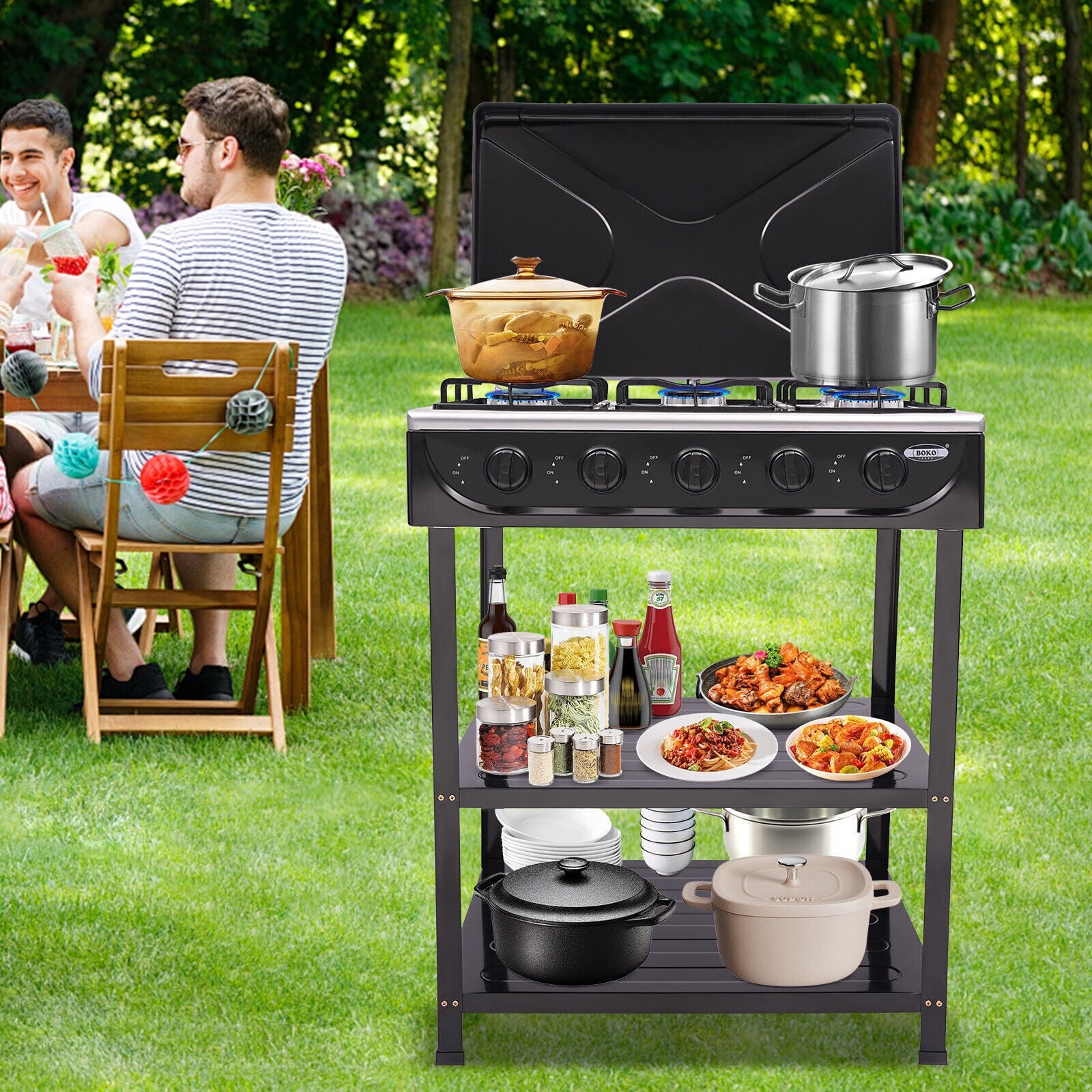 5-Burner Gas Stove Outdoor Camping Cooking BBQ Grill with 2-Tier Storage Rack Unbranded