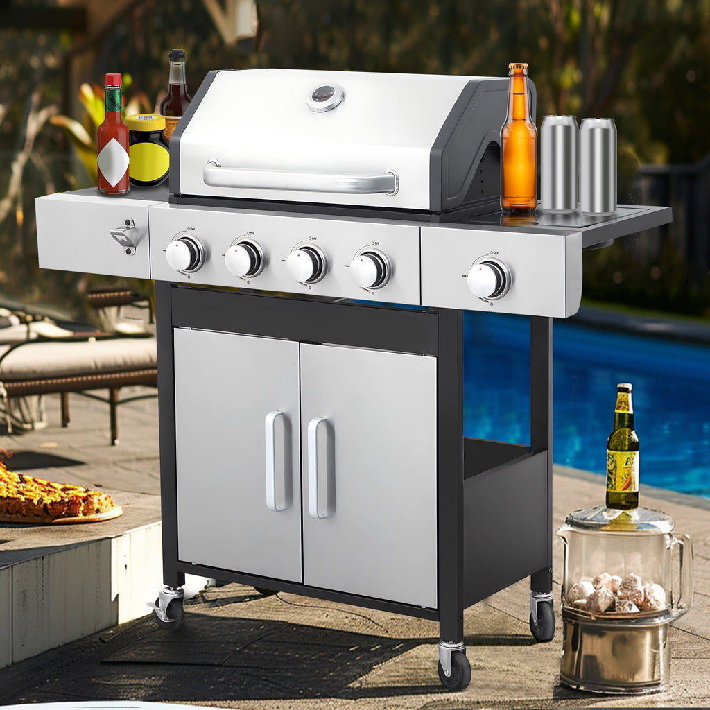 Seizeen 4 Burner Outdoor BBQ Grill with Side Burner, 46,790BTU Propane Gas Grill Stainless Steel, 2-IN-1 Enameled Cast Iron Grid & Frying Plate, High Lid, for Patio and Garden Cooking Seizeen