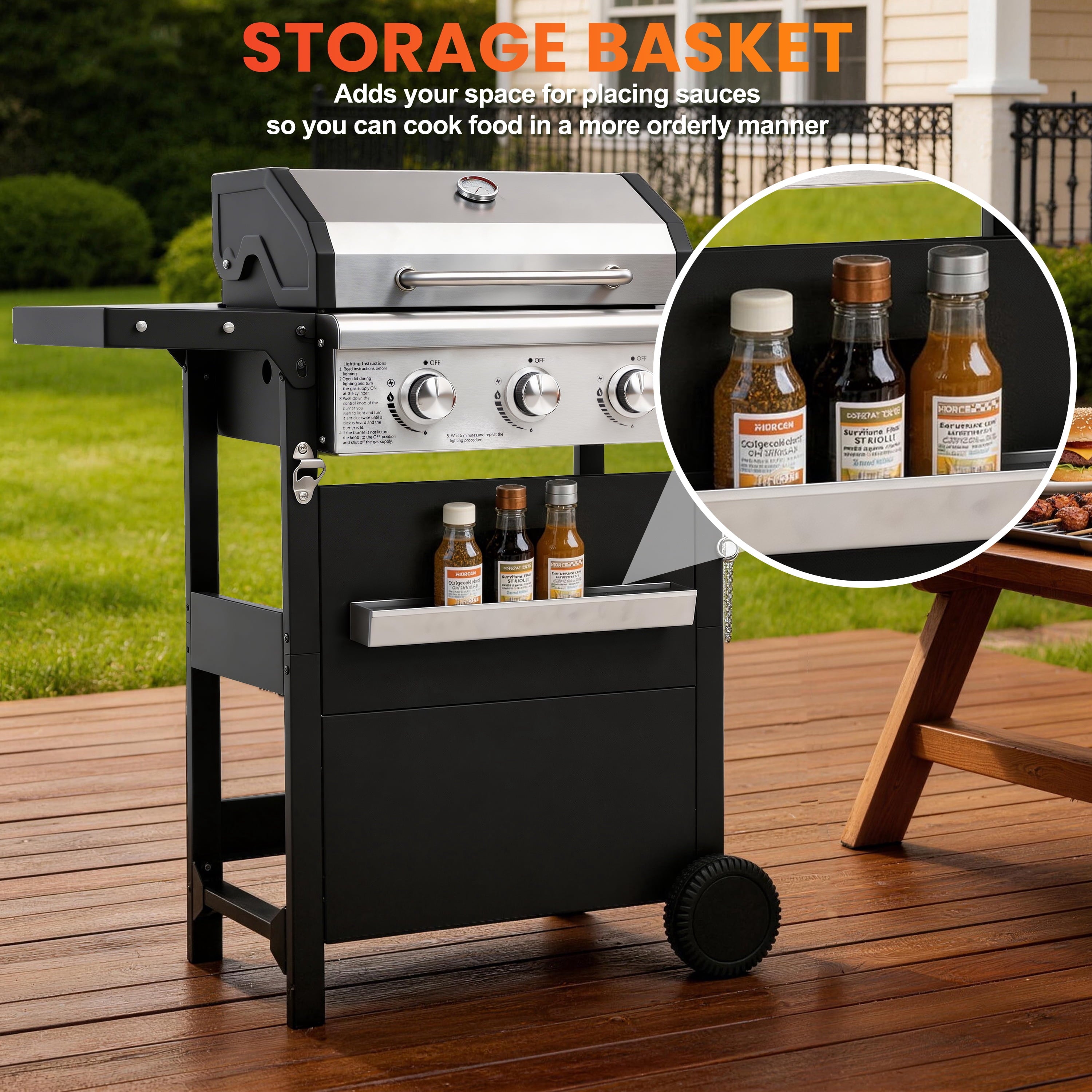 Segmart 3 Burner BBQ Propane Gas Grill, Stainless Steel 27,000 BTU Patio Garden Barbecue Grill with Side Tables, Hanging Basket & Thermometer, Perfect for Camping, Outdoor Cooking Gas Grills