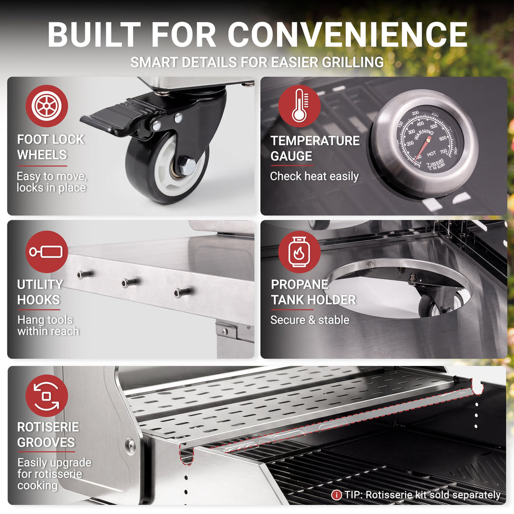 4-Burner Gas Grill and Griddle Combo with Side Burner, 50,000 BTU Propane BBQ Grill with Porcelain-Enameled Cast Iron Grates, Built-in Thermometer, Ideal for Patio Camping Outdoor Cooking Gas Grills