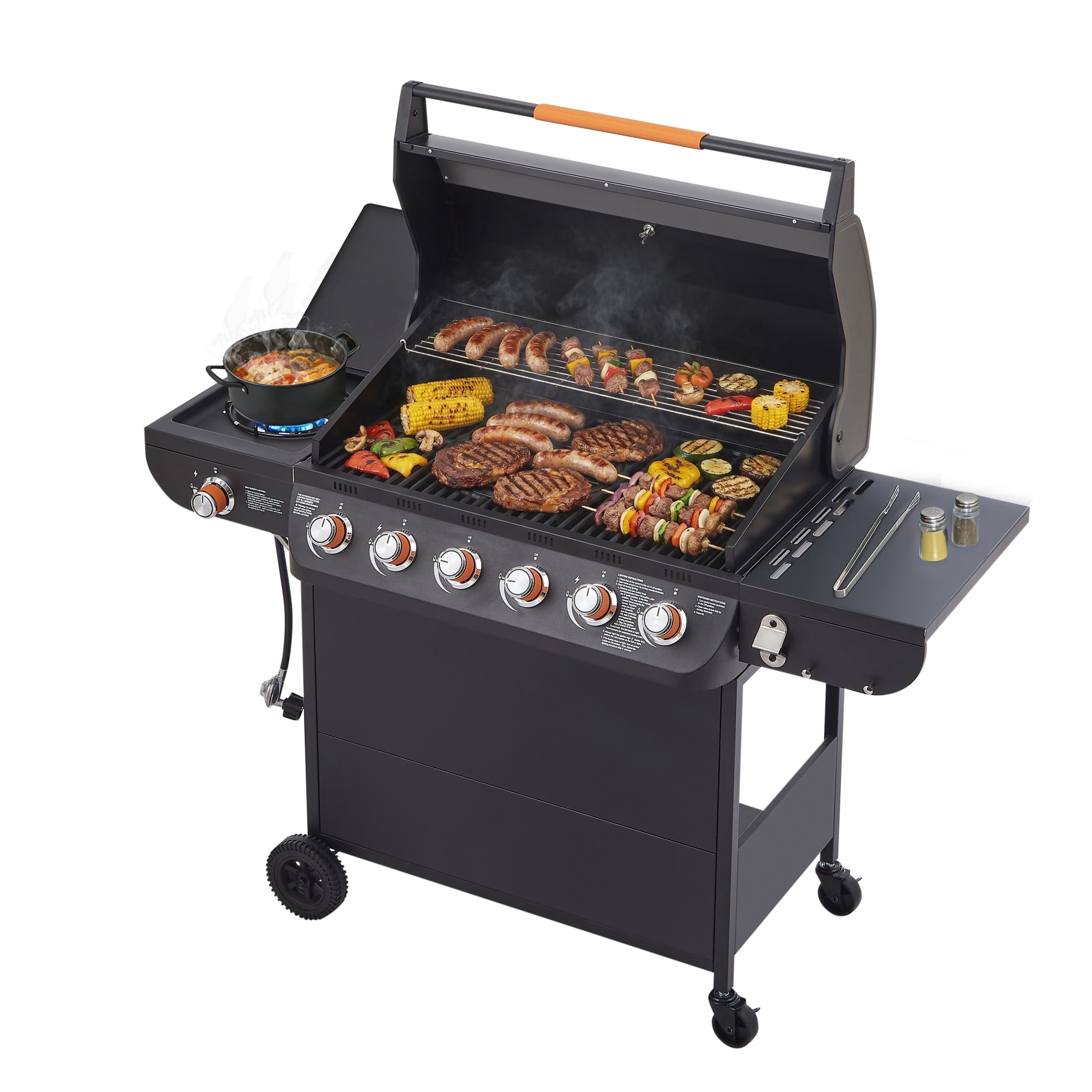Noble House Professional 6-Burner Propane Gas Grill with Side Burner, Steel BBQ Grill with Cast Metal Grates, Black Noble House
