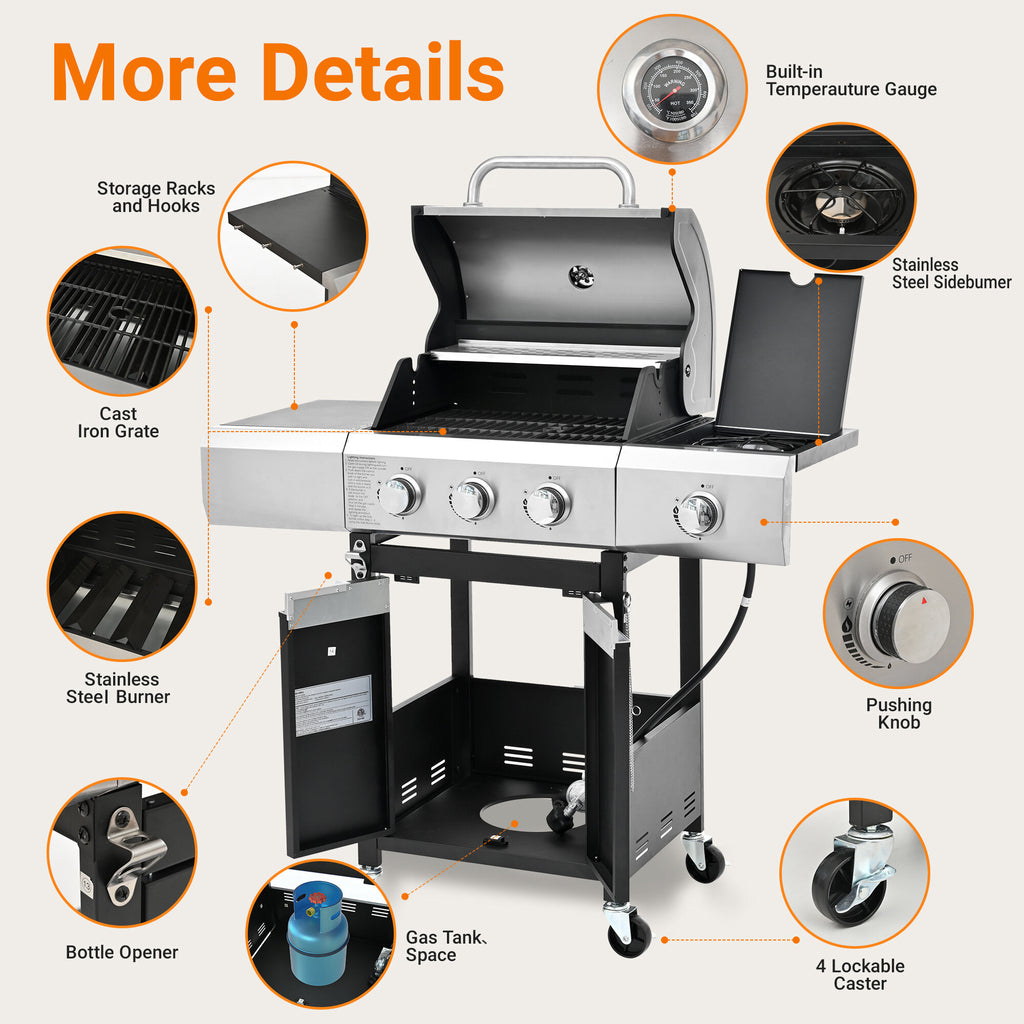 Outdoor Grill, Propane Grill 3 Burner Barbecue Grill Stainless Steel Gas Grill with Side Burner and Cover for Outdoor BBQ, Camping, Silver BBQ Grill,Stainless Steel Tabletop Grill Gas Grills