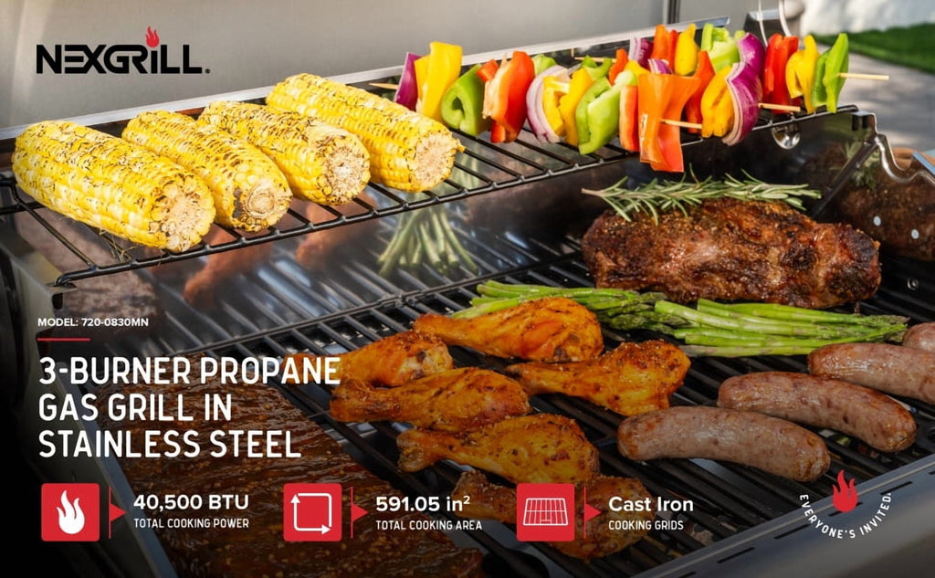 Nexgrill 3-Burner Stainless Steel Propane Gas Grill with Side Tables, 40,500 BTUs, 4 Wheel Transport, 591 SQ. IN. Cooking Space, Outdoor Kitchen Grill for BBQs, Patios, and More - 720-0830MN Nexgrill