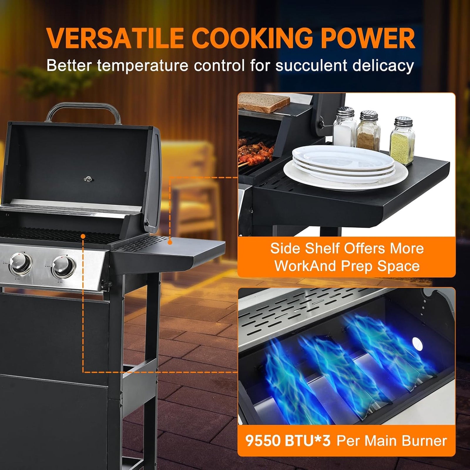 3-Burner Propane Gas Grill, 25650 BTU, Stainless Steel Outdoor BBQ Gill with Wire Enamel Grids, Thermometer for Cookingand Foldable Side Tables Gas Grills