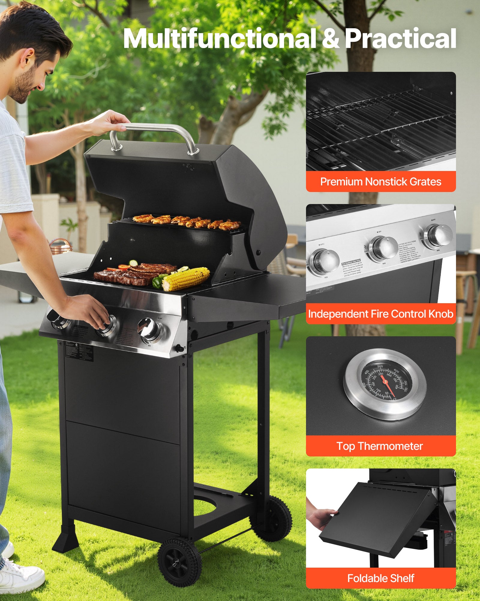 VEVOR Gas Grill, 3 Burner Propane Gas Grill with Spacious 338 SQ.In Grilling Area, Carbon Steel Enamel Grates, Outdoor 36,000 BTU Patio Garden BBQ Grills with Foldable Side Shelves, Carbon Steel VEVOR