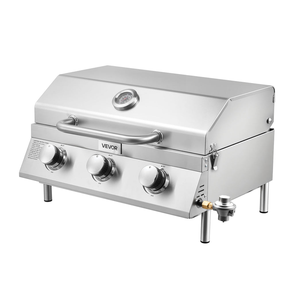 VEVOR Tabletop Gas Grill, 3-Burner Stainless Steel Portable Propane Grill, with Built-in Thermometer, Travel Locks, Weatherproof Lid, 22,500 BTU Total, for Outdoor Cooking,Patio,Party,Camping,RV VEVOR