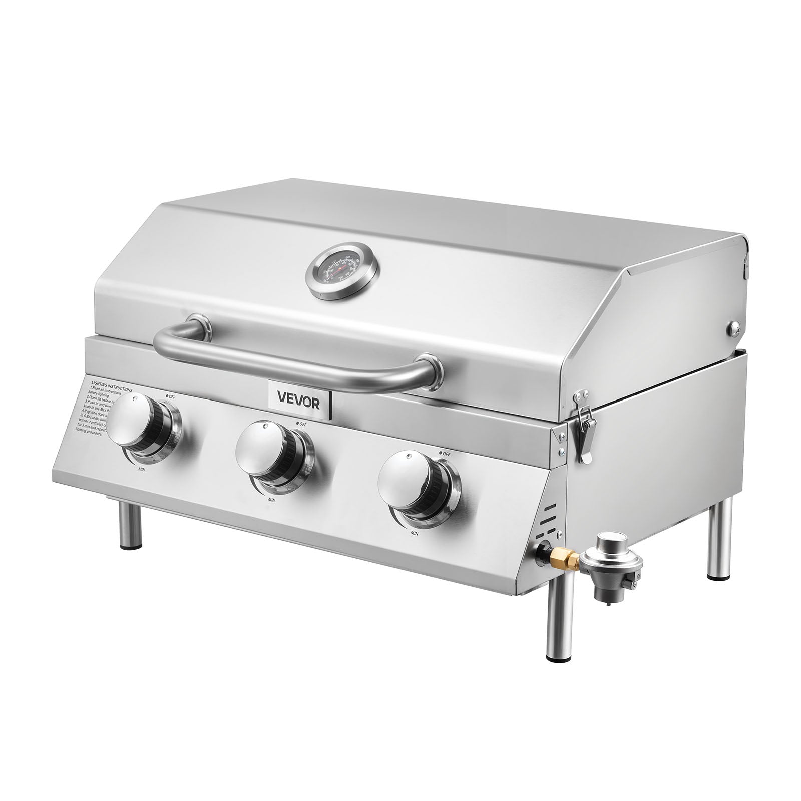 VEVOR Tabletop Gas Grill, 3-Burner Stainless Steel Portable Propane Grill, with Built-in Thermometer, Travel Locks, Weatherproof Lid, 22,500 BTU Total, for Outdoor Cooking,Patio,Party,Camping,RV VEVOR